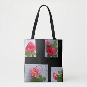 Sac fourre-tout en toile noire imprimé de roses