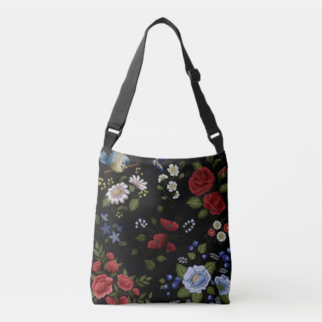 Sac fourre-tout Faux Brodé Rouge & Bleu Fleurs (Devant)