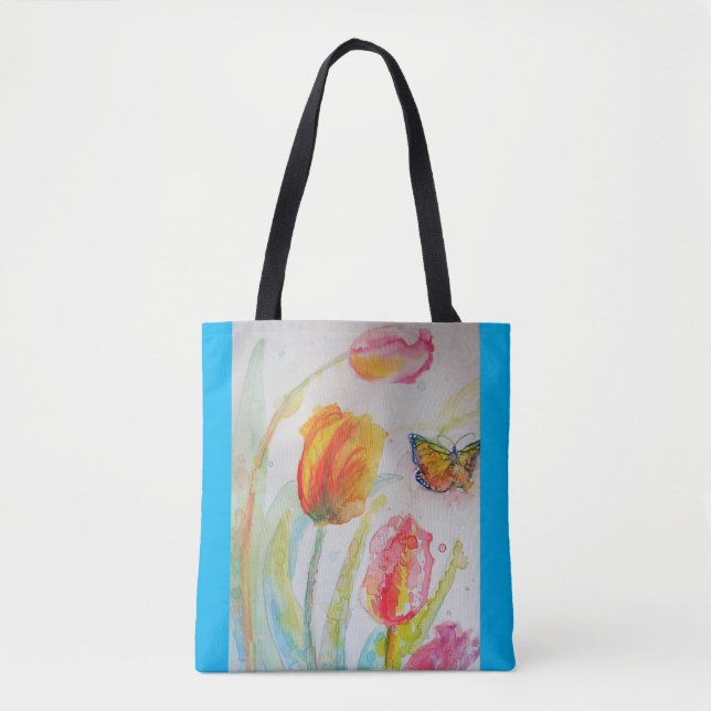 Sac fourre-tout floral à fleurs de tulipes à l'aqu (Devant)