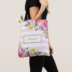 Sac fourre-tout floral aquarelle à rayures roses c