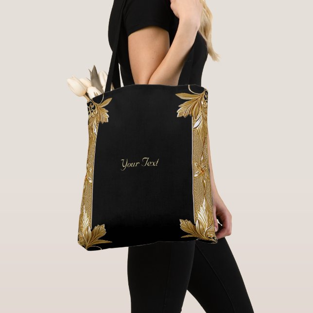 Sac fourre-tout floral orné noir or (De près)