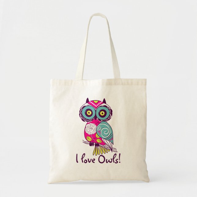 Sac fourre-tout floral rose-foncé à hiboux d'amour (Devant)