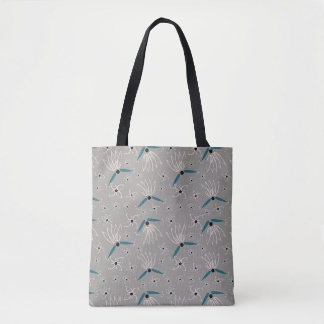 Sac fourre-tout floral - Turquoise & beige sur gri (Devant)