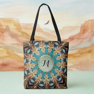 Sac fourre-tout mandala sarcelle à plumes, marron,