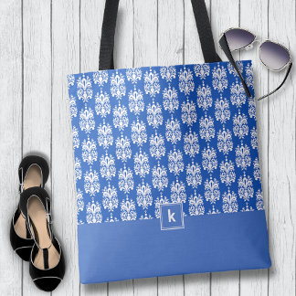 Sac fourre-tout Monogramme de motif de Damas bleu 