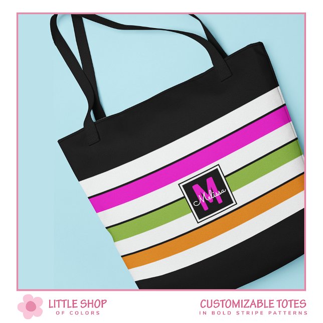 Sac fourre-tout Monogramme moderne Rainbow Stripes (Créateur téléchargé)