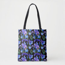 Sac fourre-tout noir à iris aquarelle chic