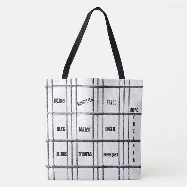Sac fourre-tout noir et blanc Plus de poulet (Devant)