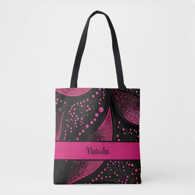 Sac fourre-tout noir et rose chaud avec nom person (Devant)