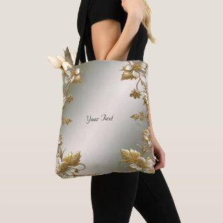 Sac fourre-tout orné floral blanc or