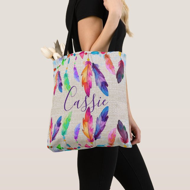 Sac fourre-tout personnalisé à plumes boho (De près)
