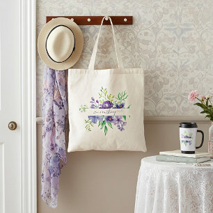 Sac fourre-tout personnalisé floral aquarelle lila