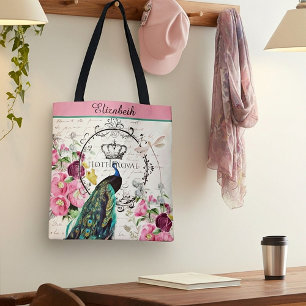 Sac fourre-tout personnalisé paon et fleurs de pri