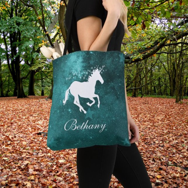 Sac fourre-tout personnalisé Unicorne turquoise (Teal Unicorn Personalized Tote Bag)