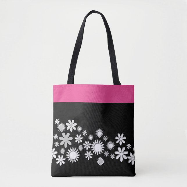Sac fourre-tout rose et noir avec fleurs blanches (Devant)