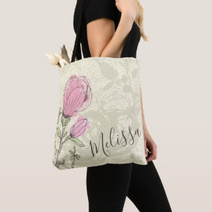 Sac fourre-tout rose personnalisé à fleur de