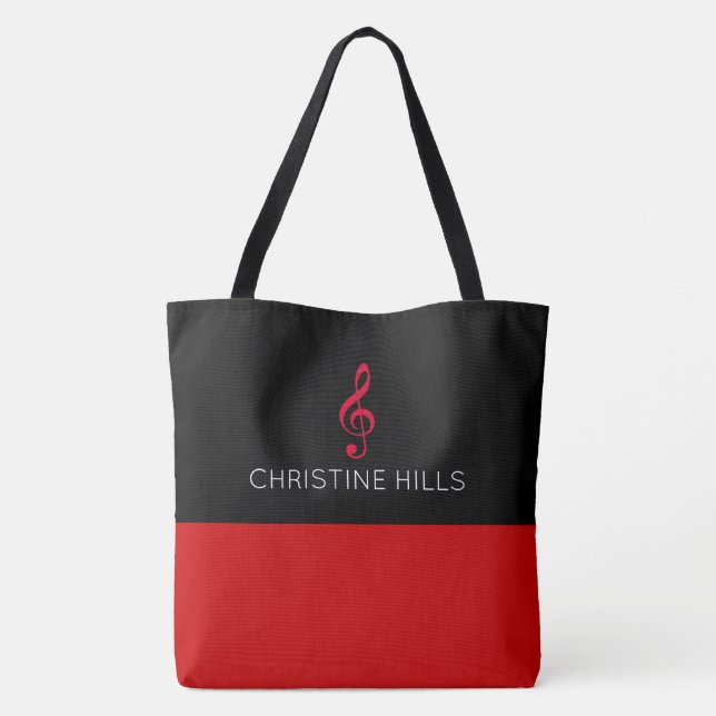 sac fourre-tout rouge / noir avec nom + note music (Dos)