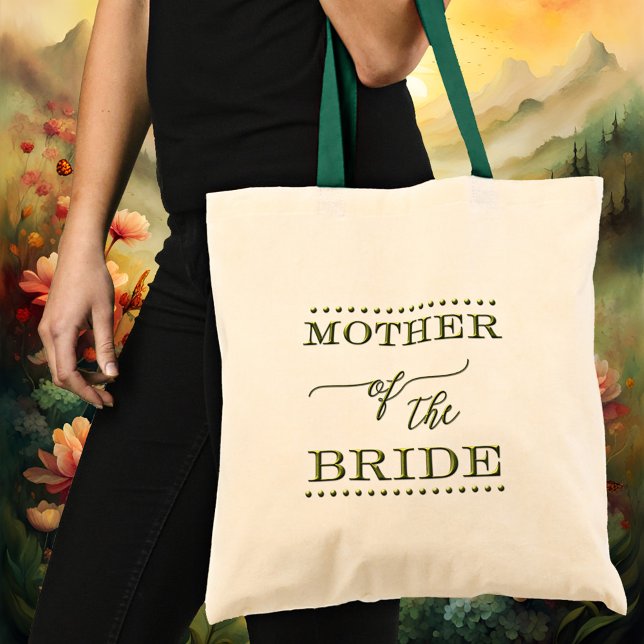 Sac fourre-tout vert avec écriture de Mère de la M (An elegant Mother of the Bride tote bag featuring stylized green texts with script)