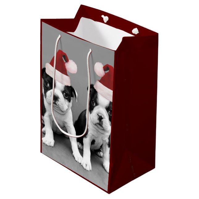 Sac moyen de cadeau de terriers de Boston de Noël (Devant Angle)