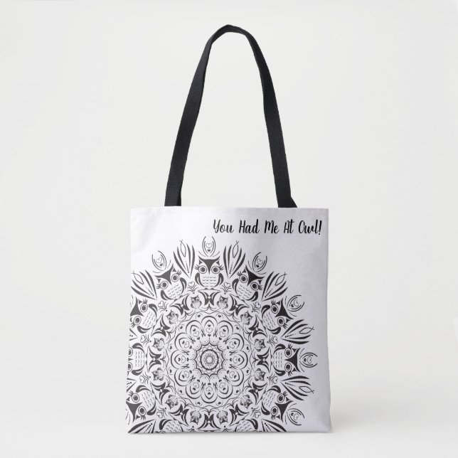 Sac réutilisable mandala de chouette noir et blanc (Devant)
