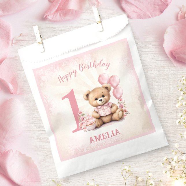 Sachets En Papier 1er Anniversaire Pink Teddy Bear Favoriser Sac (1st Birthday Pink Teddy Bear Favor Bag)