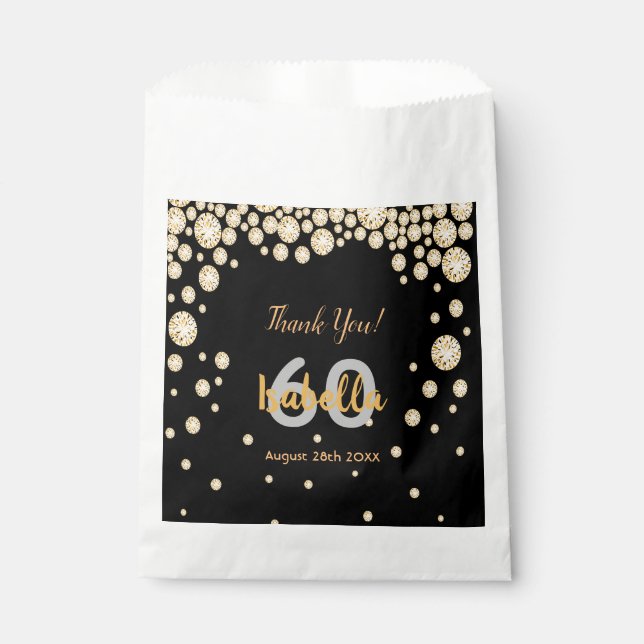 Sachets En Papier 60e anniversaire noir diamants or merci (Devant)