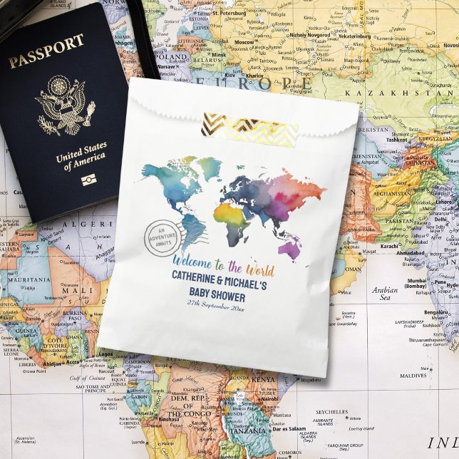 Sachets En Papier Adventure Await World Map Baby shower de voyage (Créateur téléchargé)