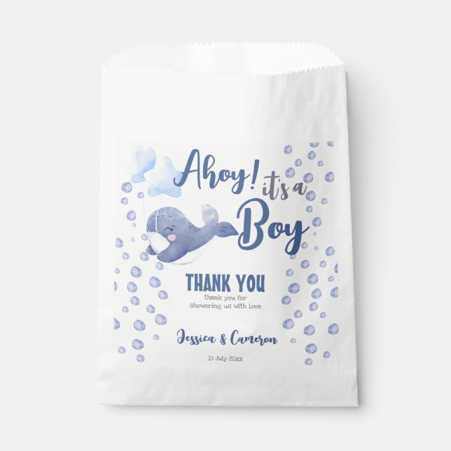 Sachets En Papier Ahoy c'est un garçon baby shower bleu baleine cout (Devant)