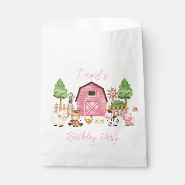 Sachets En Papier Animaux de ferme roses fête d'anniversaire (Devant)