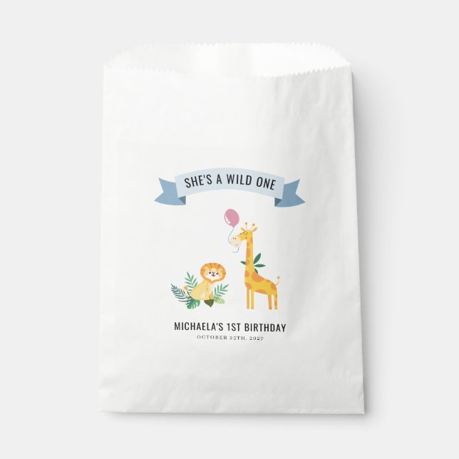 Sachets En Papier Animaux forestiers Lion Giraffe 1er anniversaire (Devant)