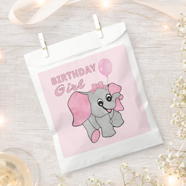 Sachets En Papier Anniversaire Fille rose Bébé Eléphant (Coupé)