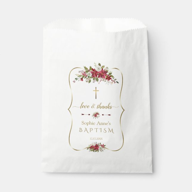 Sachets En Papier Aquarelle Blanc Rouge Poinsététie Or Baptême (Devant)