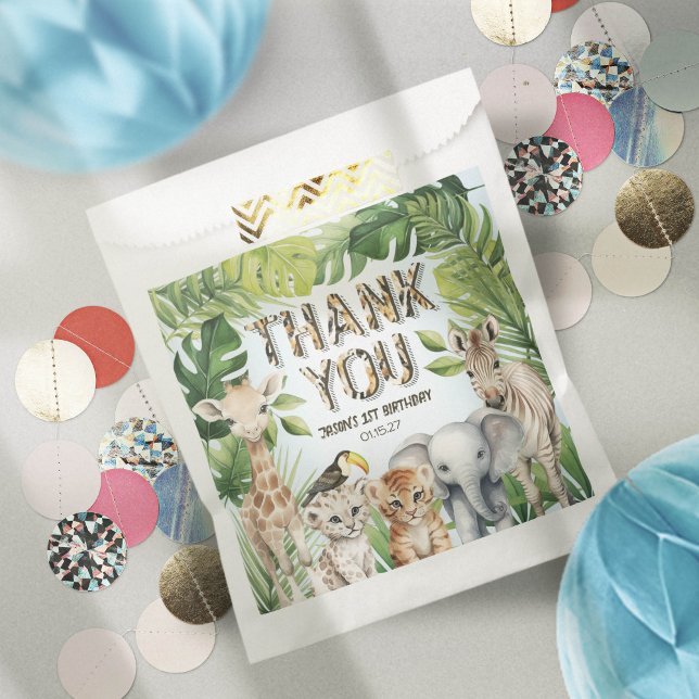 Sachets En Papier Aquarelle feuilles tropicaux, safari dans la jungl (Blue safari animals themed, WIld one boy 1st birthday  favor bags)