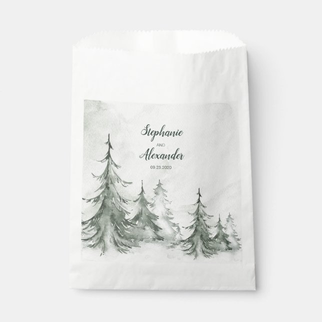 Sachets En Papier Aquarelle Fir Trees Mariage d'hiver (Devant)