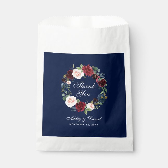 Sachets En Papier Aquarelle Floral Bourgogne bleu Mariage Merci (Devant)