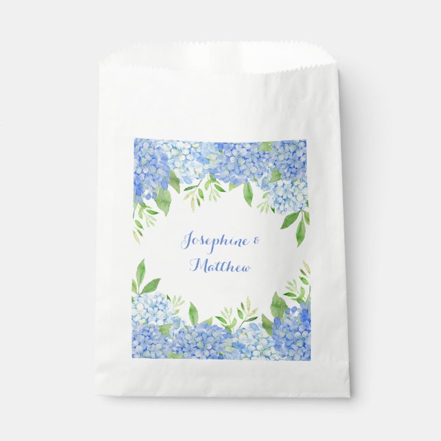 Sachets En Papier Aquarelle Hydrangeas Verdure Bleu Floral Mariage (Devant)