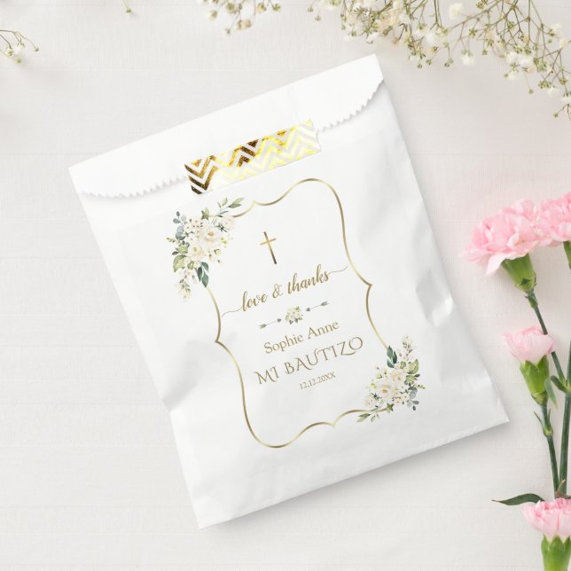 Sachets En Papier Aquarelle or élégant Fleurs blanches Baptême (Scellé)