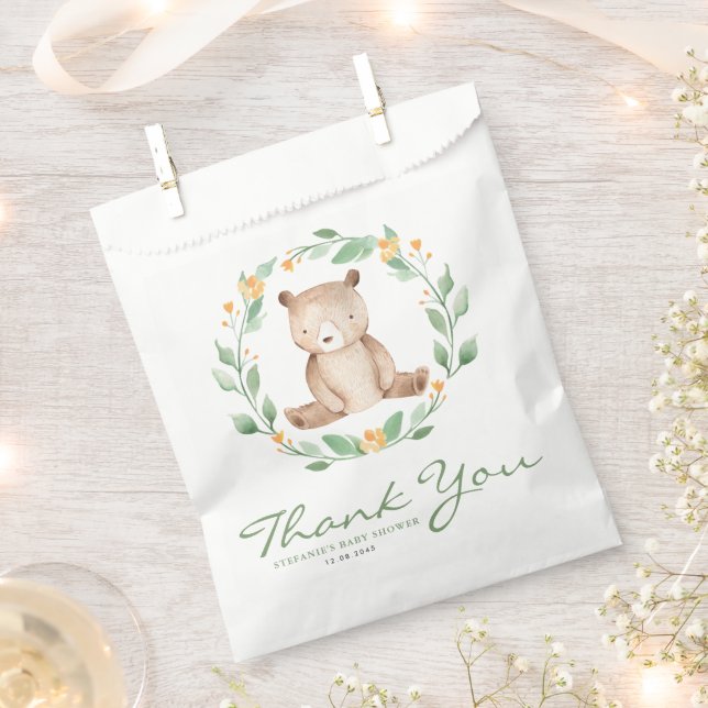 Sachets En Papier Baby Bear Greenery Wreath Baby shower Merci (Coupé)
