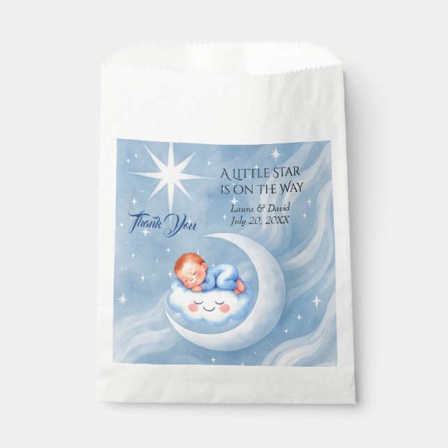 Sachets En Papier Baby Boy Douche Invitation Lune Étoiles Aquarelle (Devant)