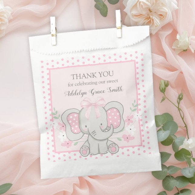 Sachets En Papier Baby Girl Elephant Pink Polka Dot Sip Voir Douche (Baby elephant pink and white polka dot baby girl shower/sip and see guest favor bag)