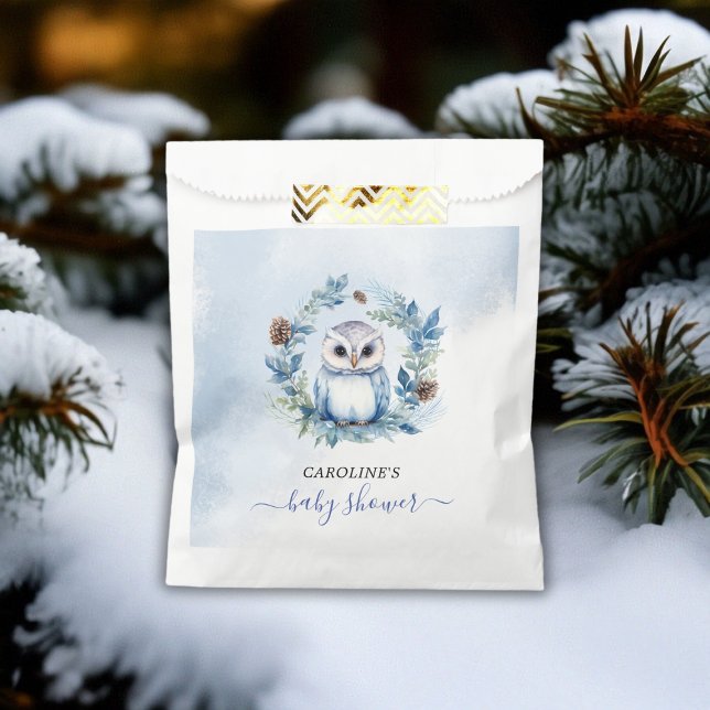 Sachets En Papier Baby shower d'aquarelle de la Chouette d'hiver (Winter Owl Watercolor Baby Shower Favor Bag)