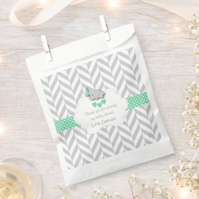 Sachets En Papier Baby shower d'éléphant vert, gris blanc (Coupé)