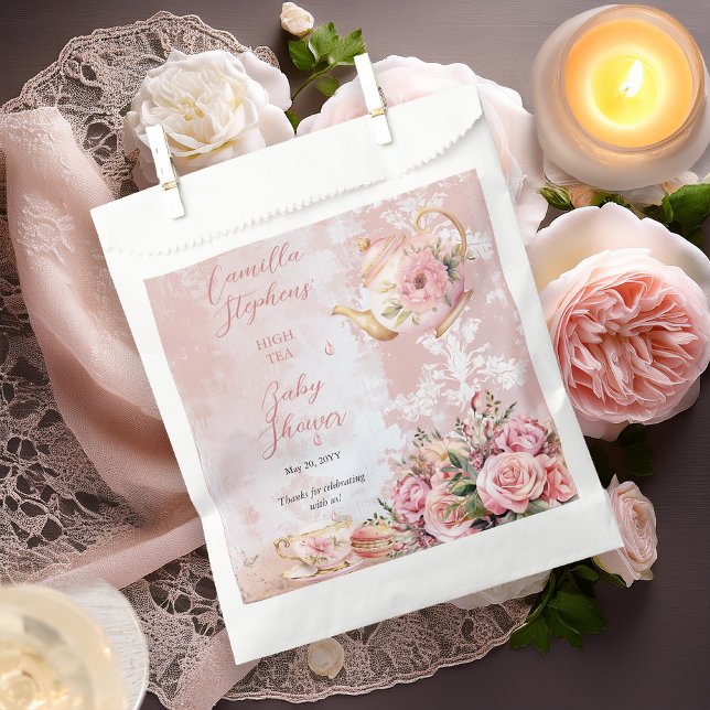 Sachets En Papier Baby Shower Fille Tasse de Thé Fleur Rose Élégant (Elegant Pink Roses Floral High Tea Teapot and Teacup Girl Baby Shower Favor Bags)