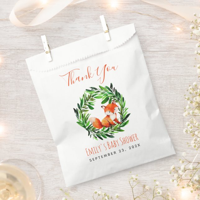 Sachets En Papier Baby shower Fox Woodland Green Merci Script (Coupé)