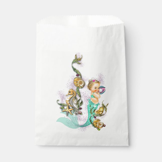 Sachets En Papier Baby shower turquoise de sirène bleue (Devant)