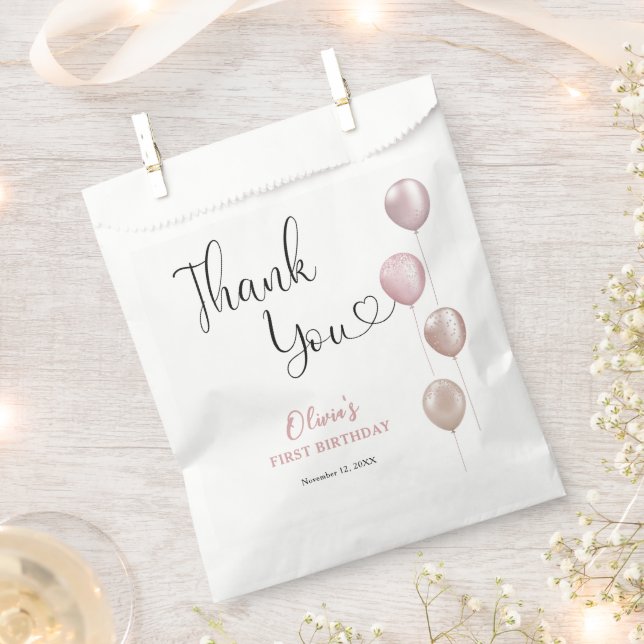 Sachets En Papier Ballons Blush Girl Premier anniversaire Merci (Coupé)