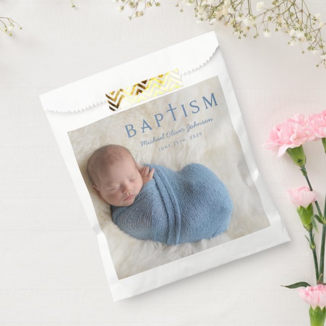 Sachets En Papier Baptême de Croix Religieuse Bleue Élégante (Scellé)