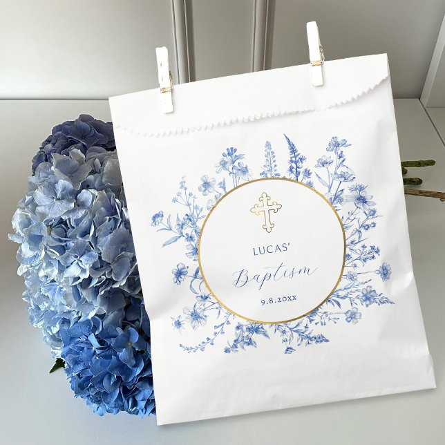 Sachets En Papier Baptême du Cercle d'or Fleur sauvage bleu français (Créateur téléchargé)