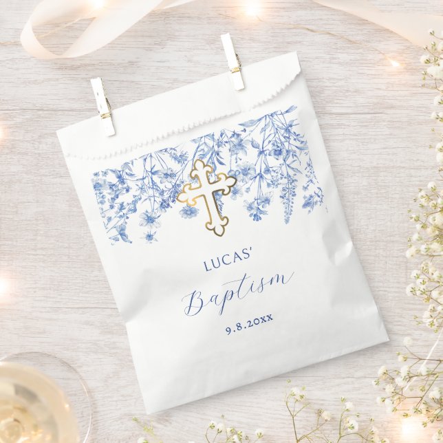 Sachets En Papier Baptême Fleur sauvage bleu français (Coupé)
