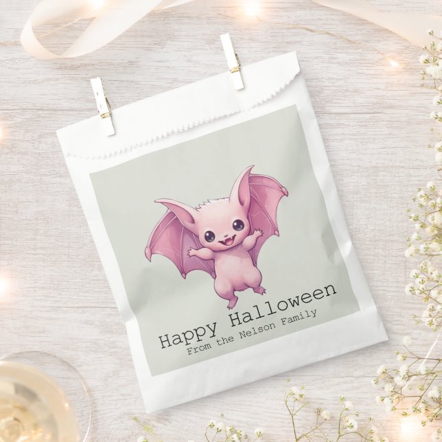 Sachets En Papier Bat rose mignonne Vert Joyeux Halloween (Coupé)